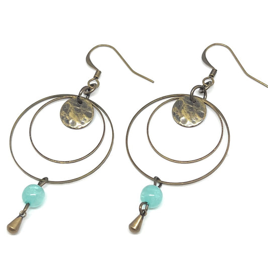 Boucles d'oreilles double anneaux laiton bronze, breloques et perles