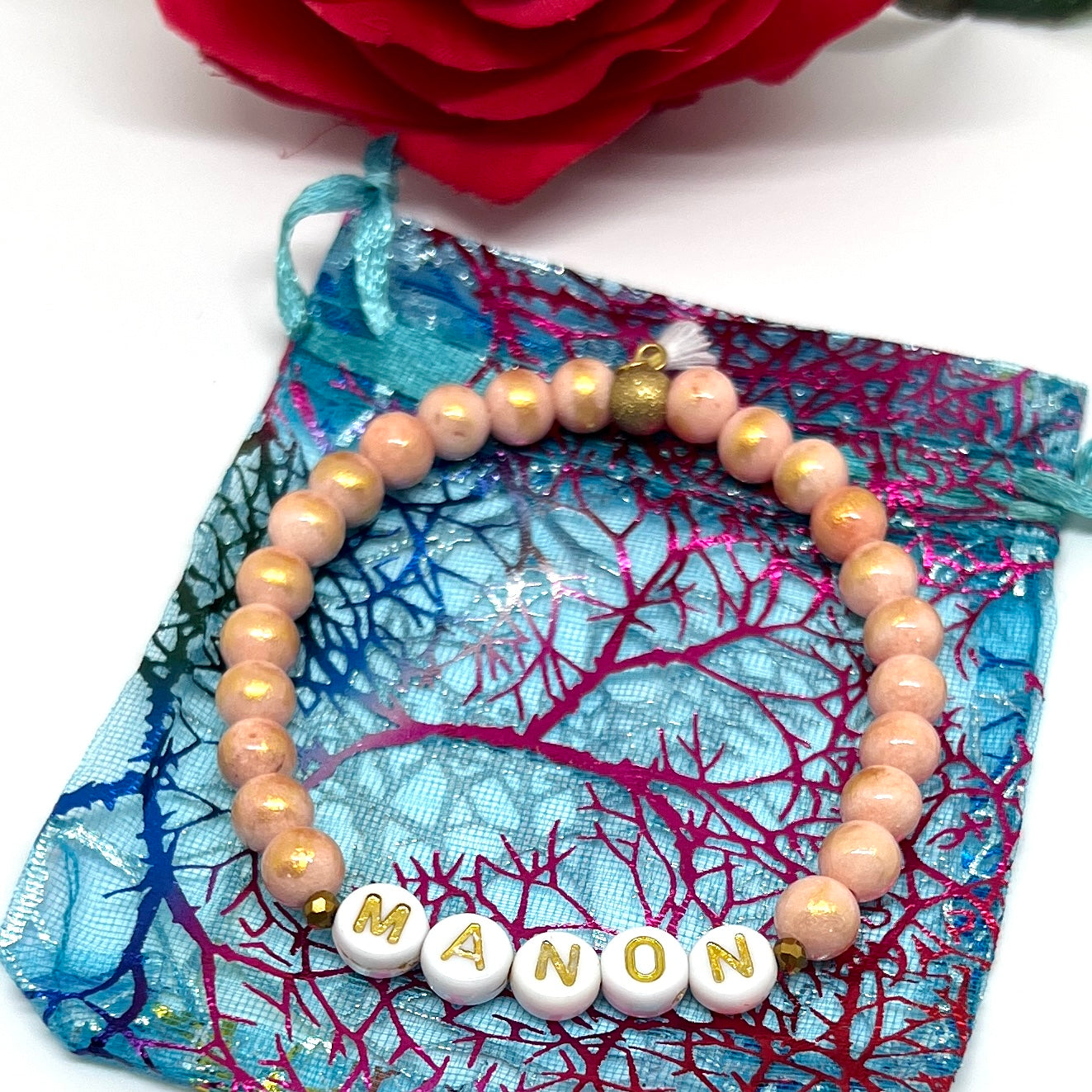 Bracelet personnalisé prénom perles naturelles - Rose, pêche, or