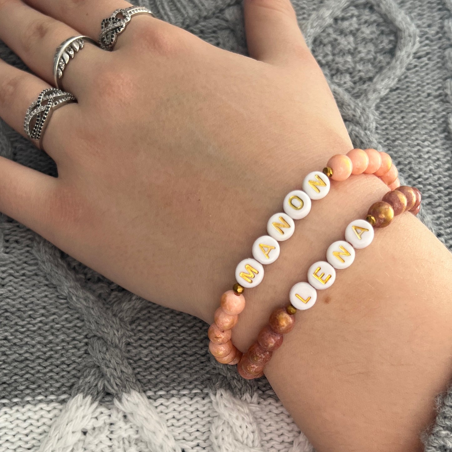 Bracelet personnalisé prénom perles naturelles - Rose, pêche, or
