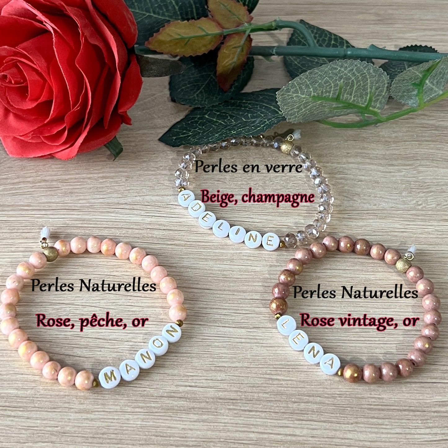 Bracelet personnalisé prénom perles en verre à facettes - Beige, champagne