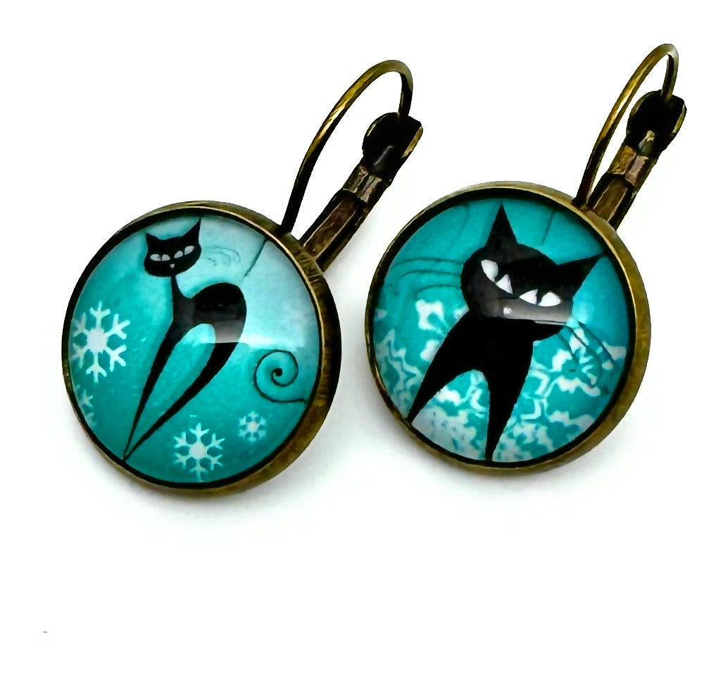 Boucles d'oreilles dormeuses motifs Chat Noir fond bleu