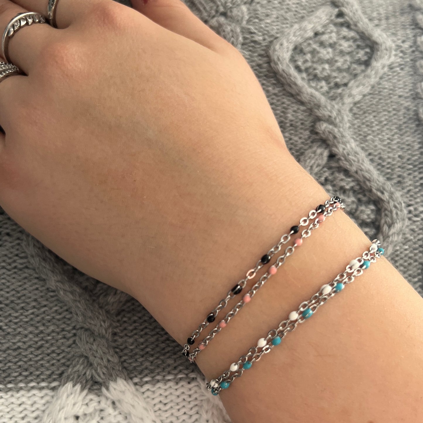 Bracelet fin chaîne rosaire argent bleu acier inoxydable
