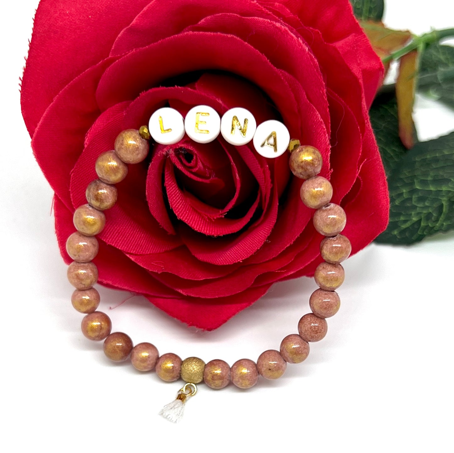 Bracelet personnalisé prénom perles naturelles - Rose vintage, or