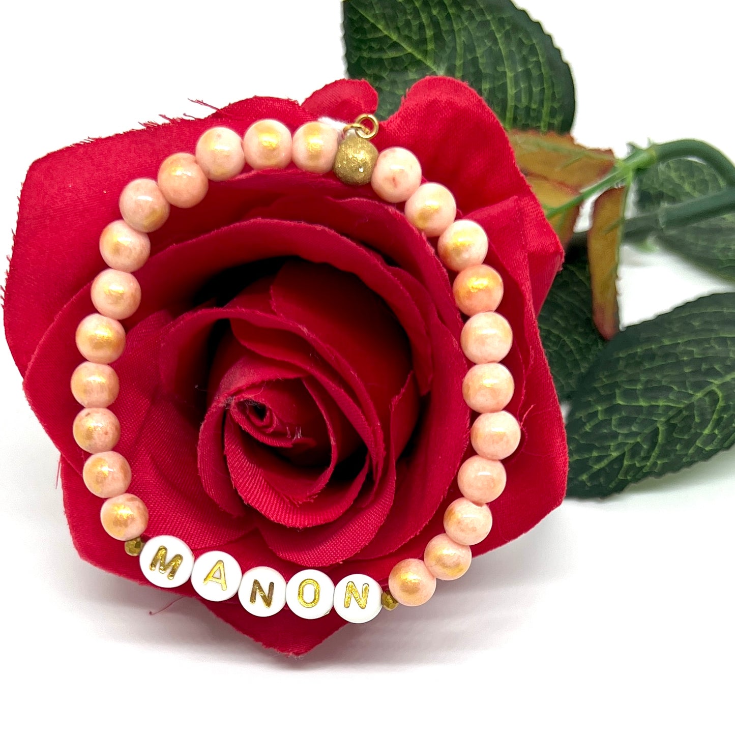 Bracelet personnalisé prénom perles naturelles - Rose, pêche, or