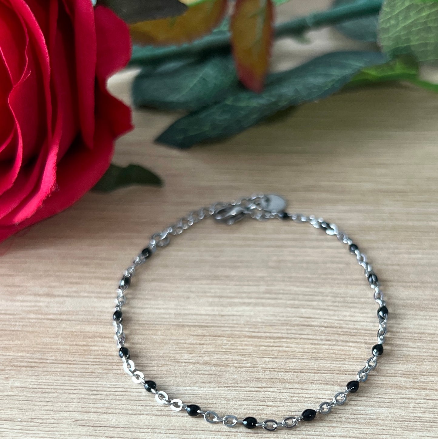 Bracelet fin chaîne rosaire argent noir acier inoxydable