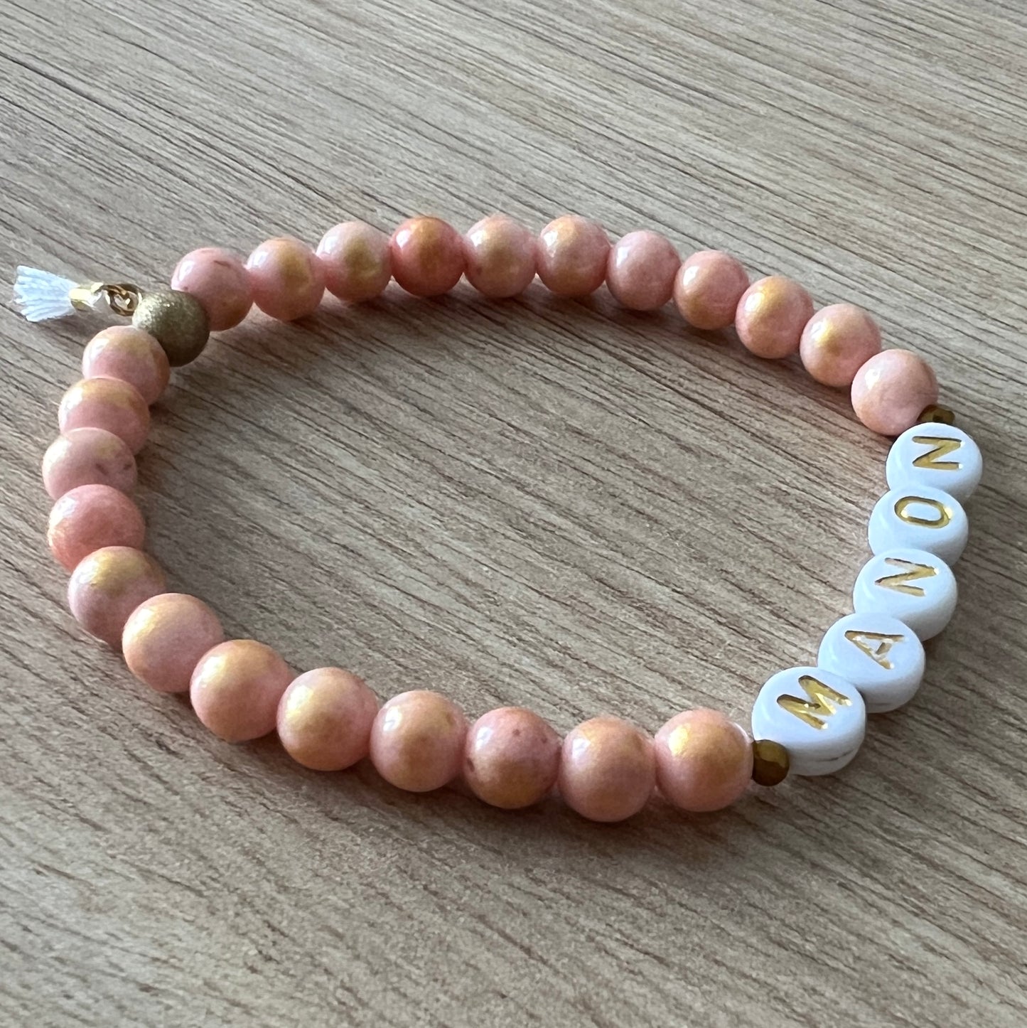 Bracelet personnalisé prénom perles naturelles - Rose, pêche, or